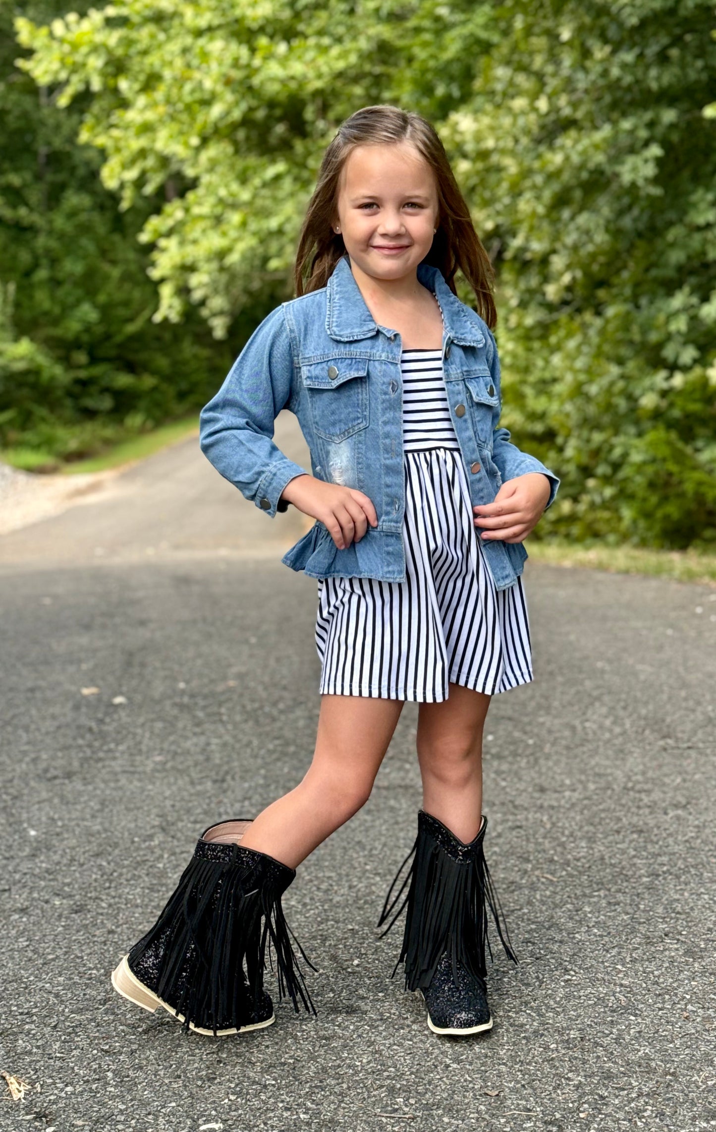 Girls Light Blue Distressed Ruffle Denim Jacket