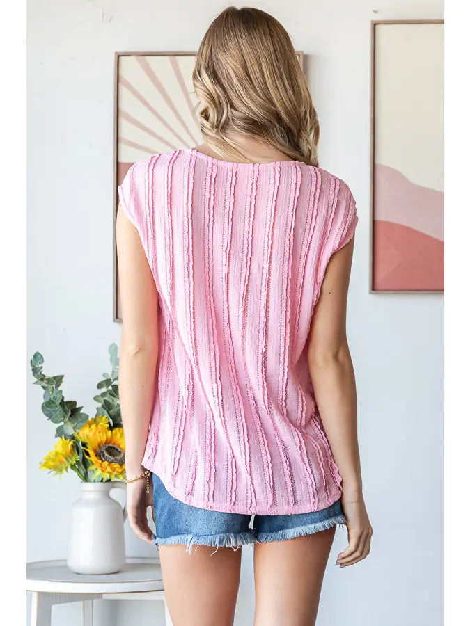 Women's Pink Textured Cap Sleeve Top