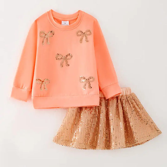 Girls Fall Bow Sequin Skirt Set