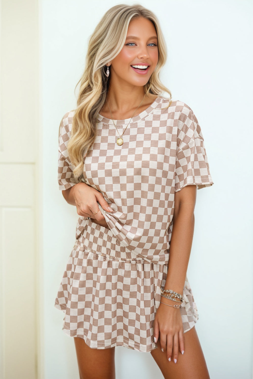 Women’s Tan Checkered Skort Set