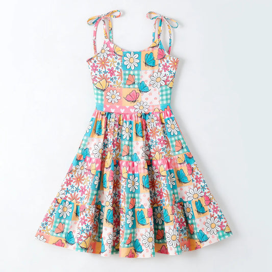 Pre-order Daisy and Butterfly Patchwork Tie Shoulder Dress