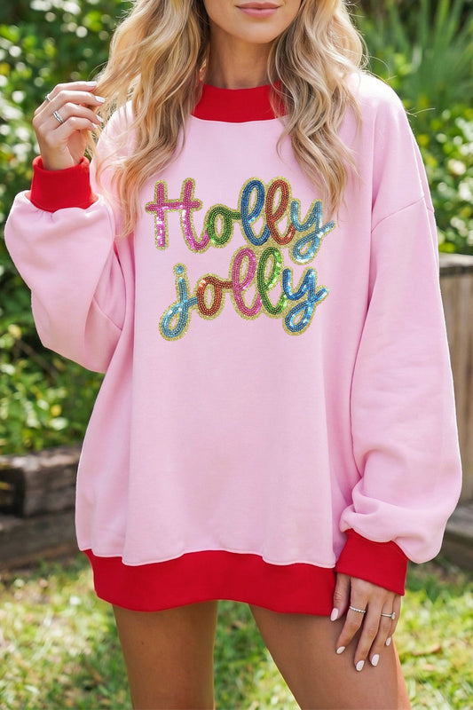 Women’s Pink Holly jolly Sequin Sweatshirt RTS