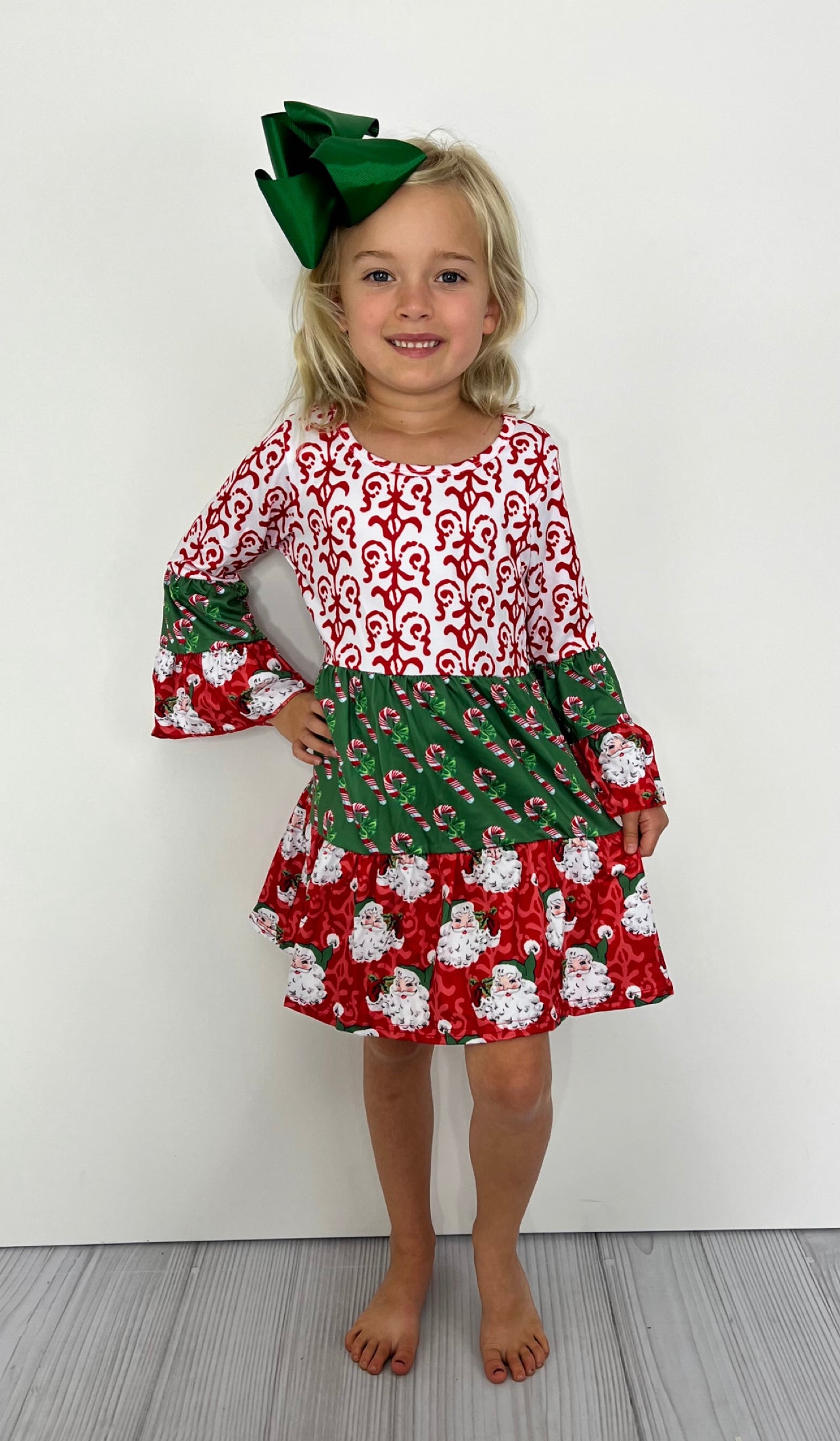 Girls Christmas Mixed Print Tiered Dress