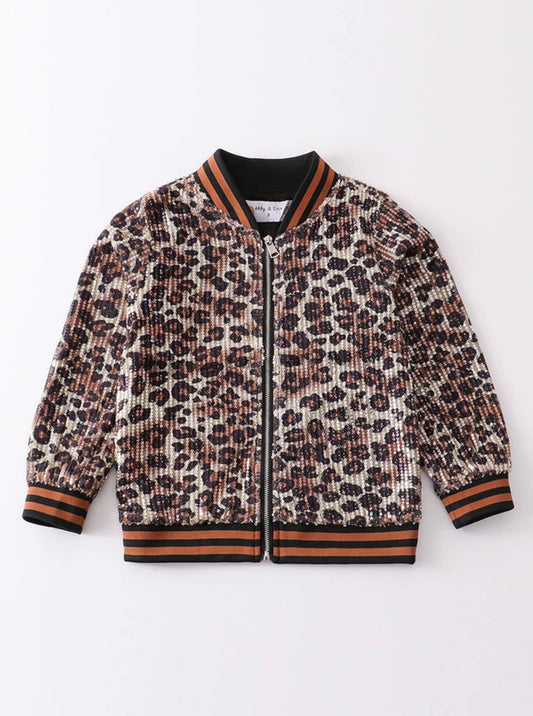 Girls Leopard Sequin Bomber Jacket