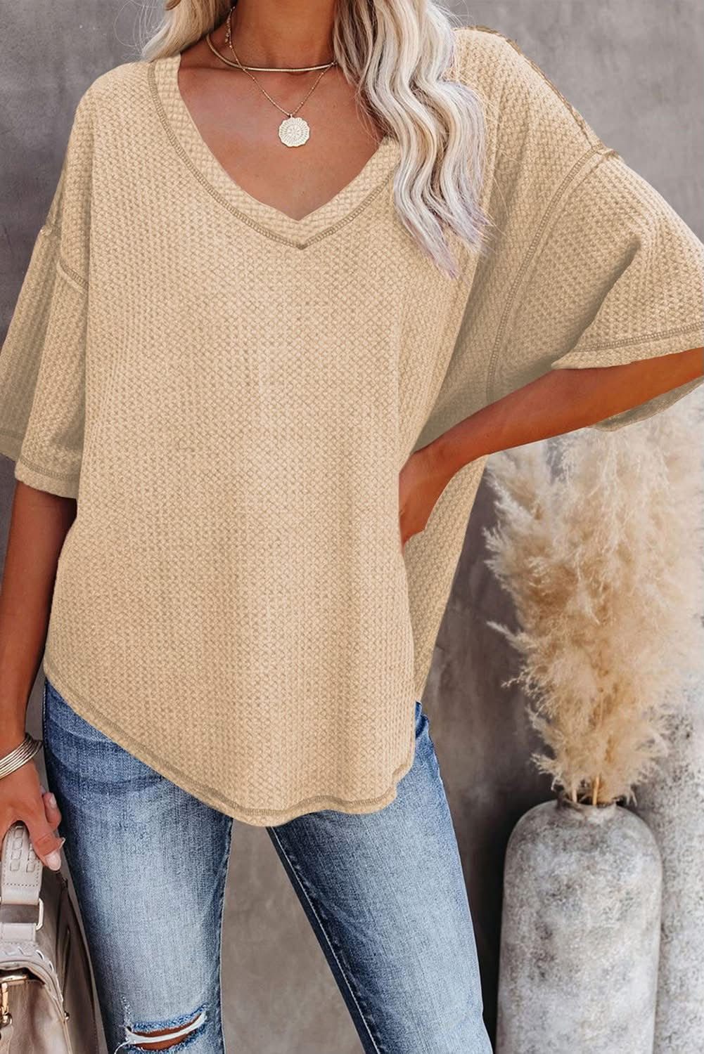 Pre-order Beige Exposed Seam V Neck