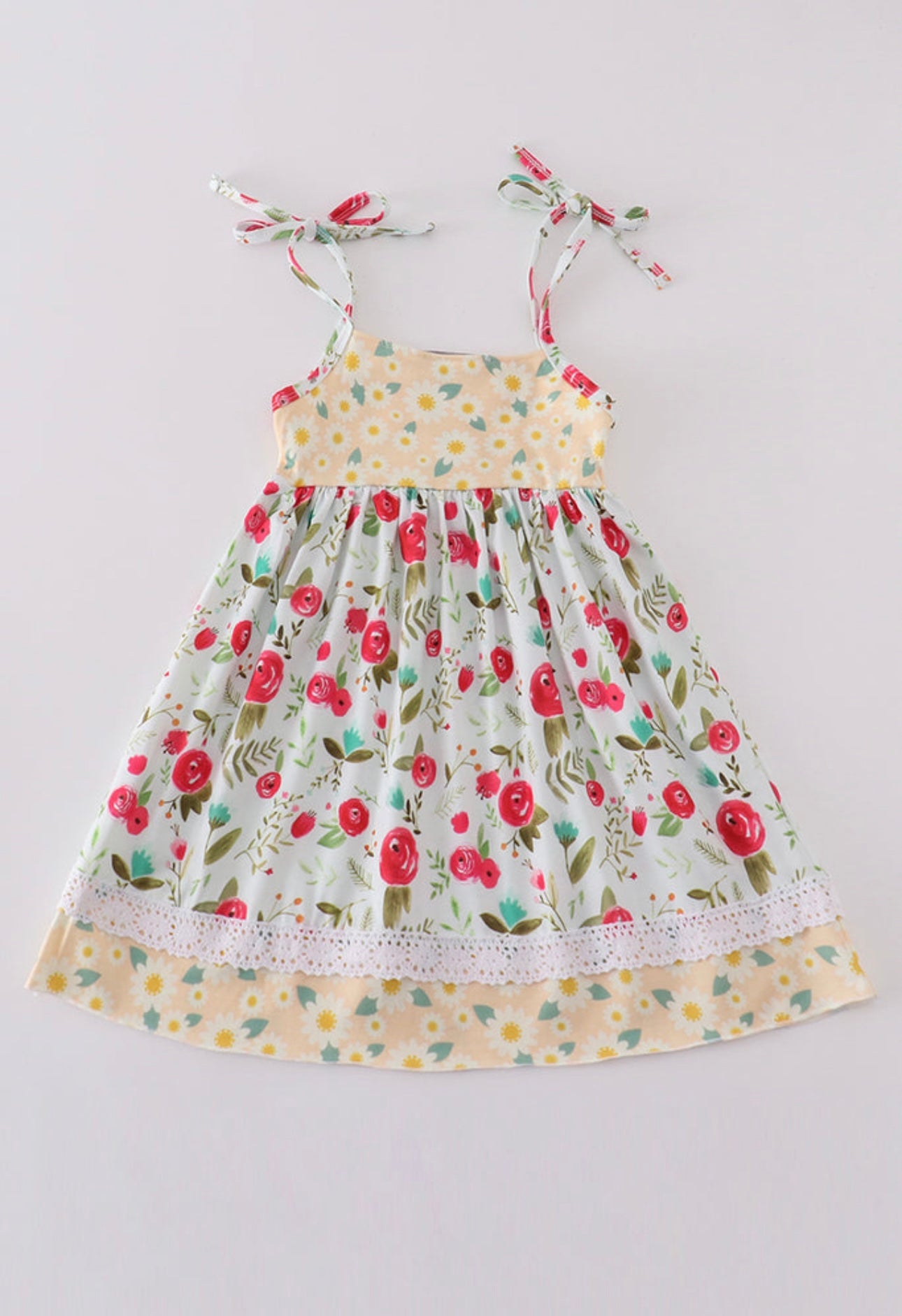 Girls Daisy Floral Print Lace Ruffle Dress