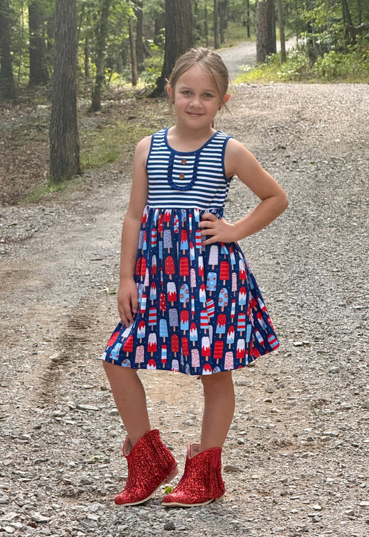 Girls Navy Red Popsicle Button Accent Dress