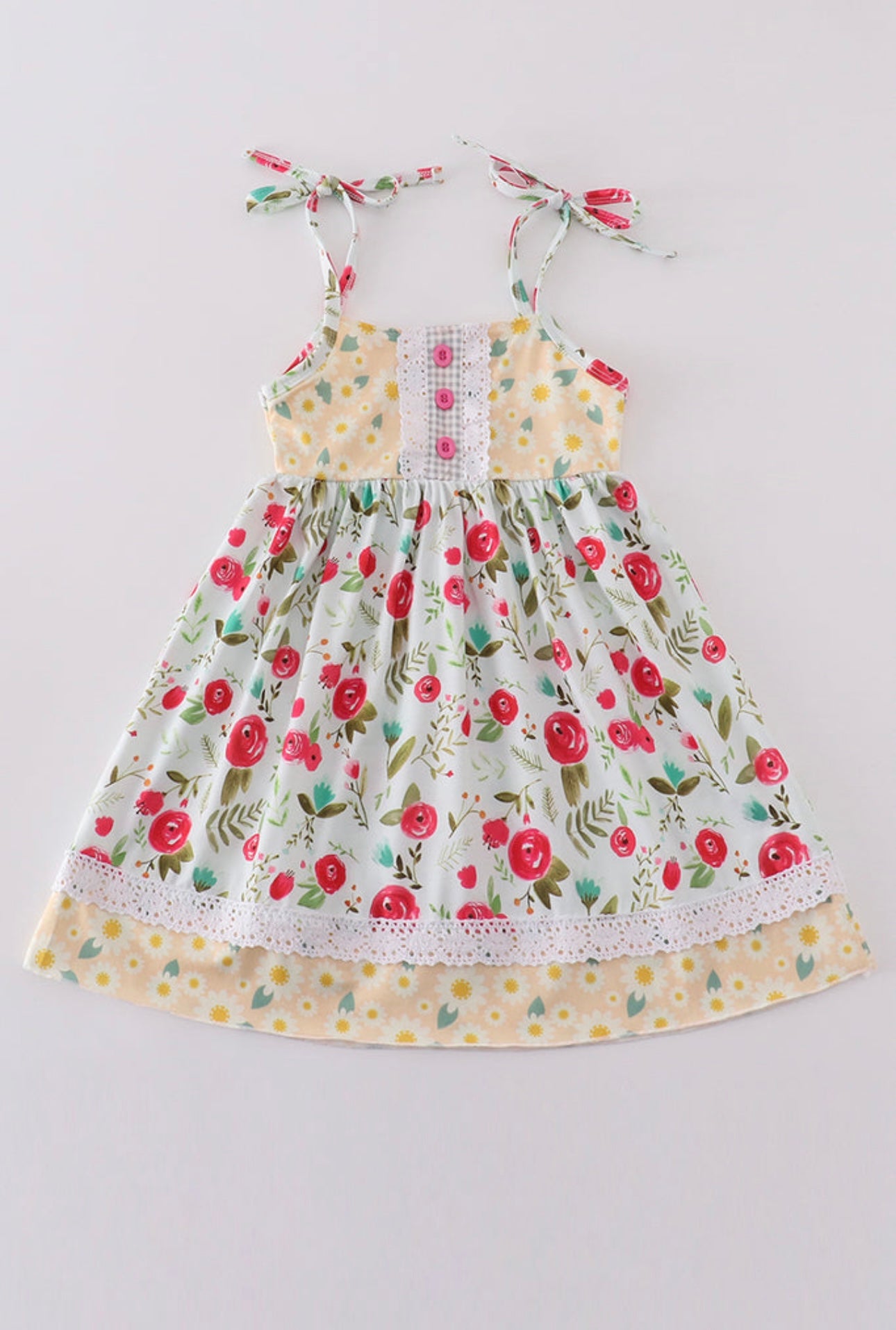 Girls Daisy Floral Print Lace Ruffle Dress