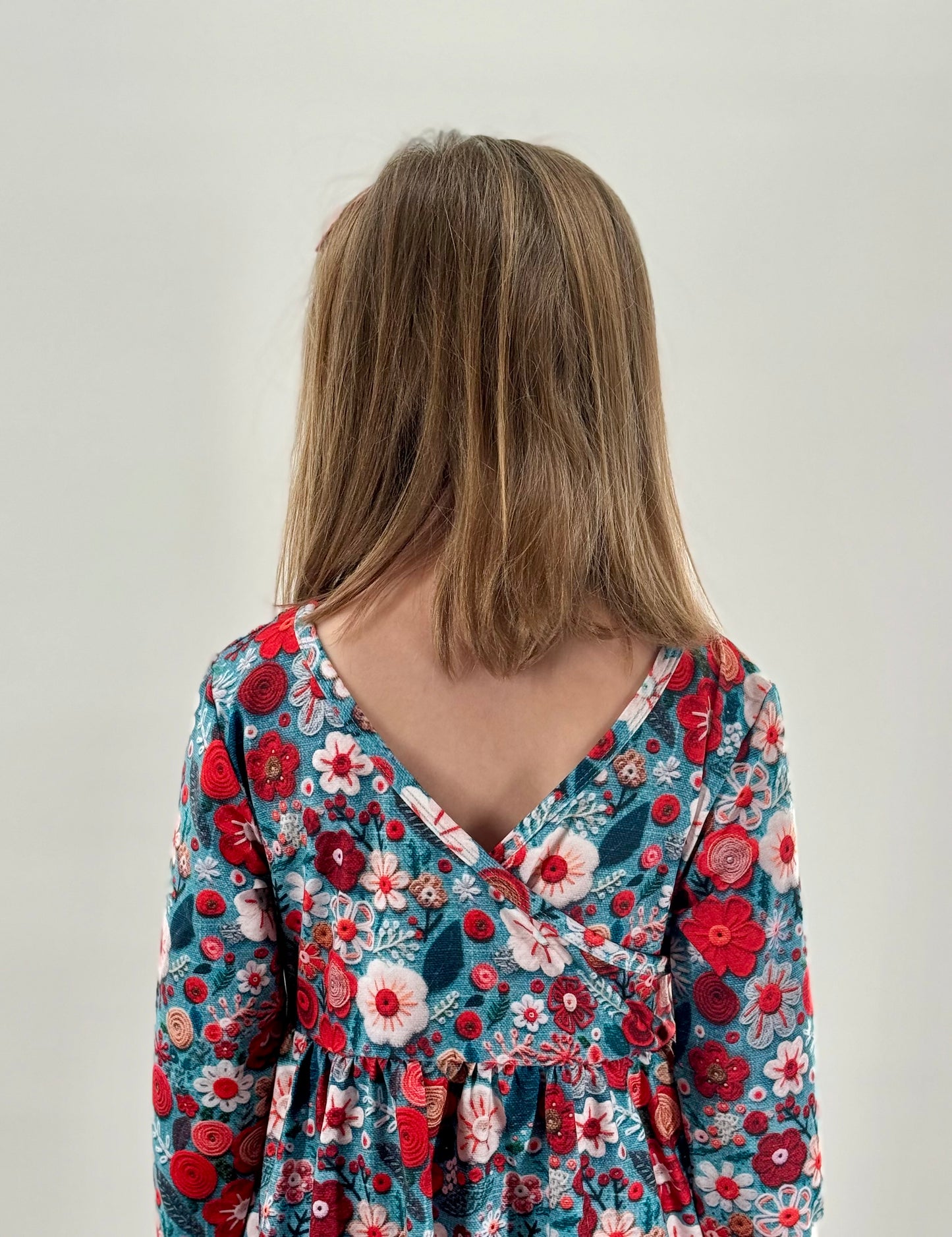 Girls Faux Embroidered Floral Dress