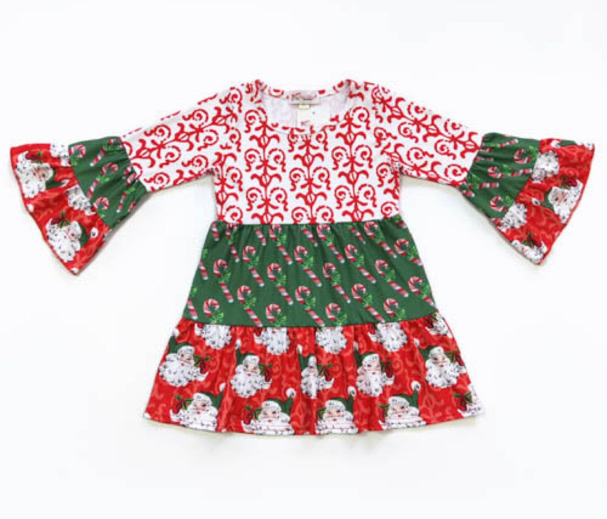 Girls Christmas Mixed Print Tiered Dress