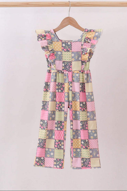 Girls Floral Checkered Ruffle Jumpsuit