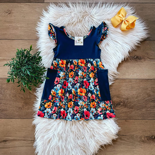 Girls Blue Floral Pocket Dress by TwoCan