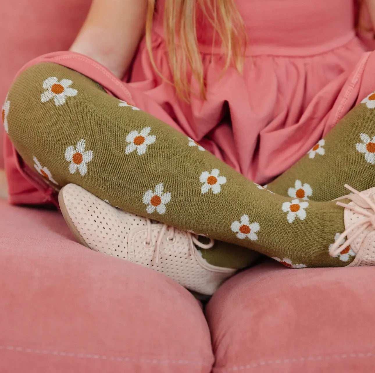 Girls Olive Floral Knit Tights