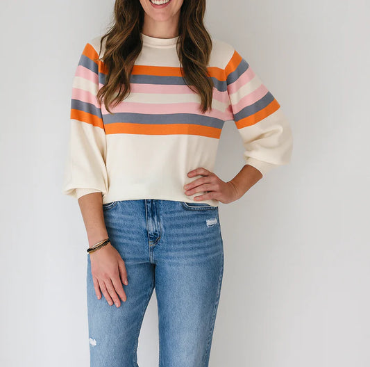 Pre-order Beige Stripe Puff Sleeve Top FB
