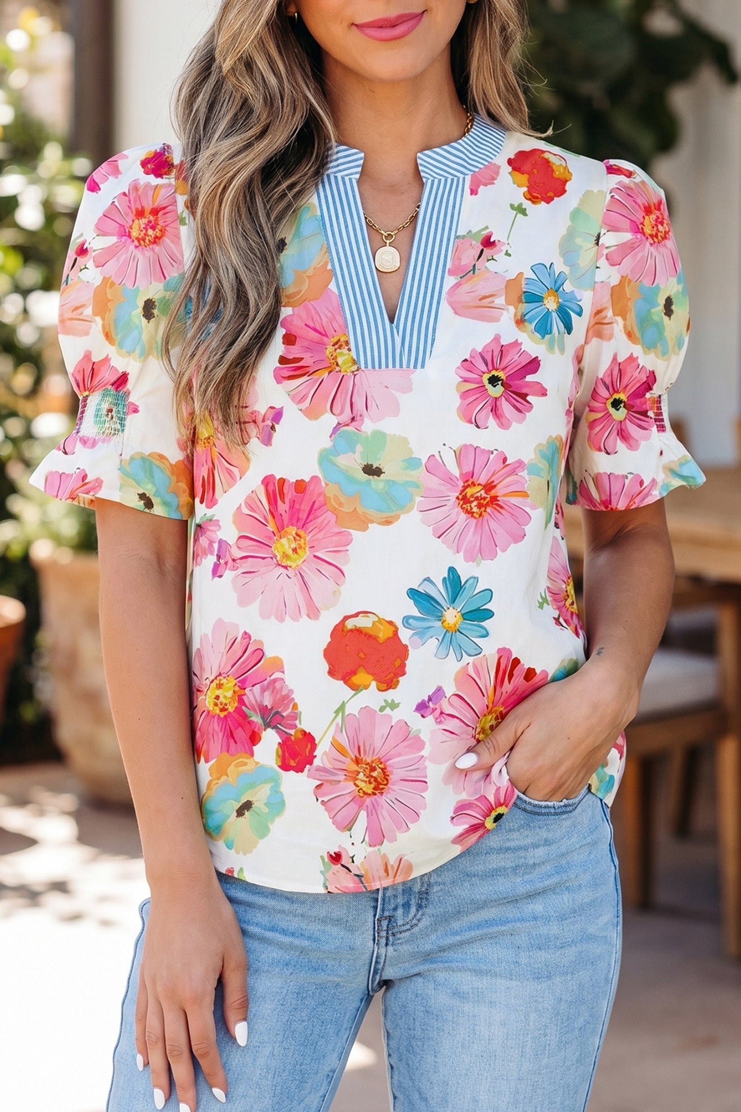 Pre-order Beige Floral Striped Blouse