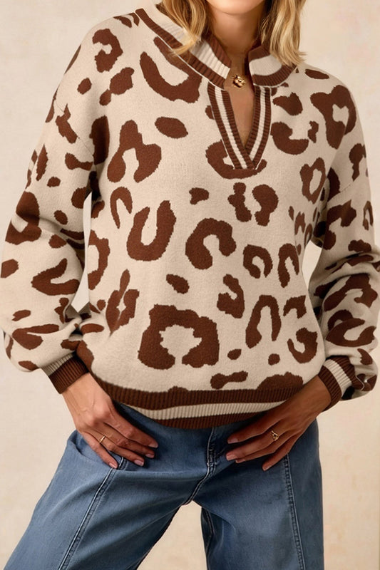 Pre-order Beige Leopard V Neck Sweater FB