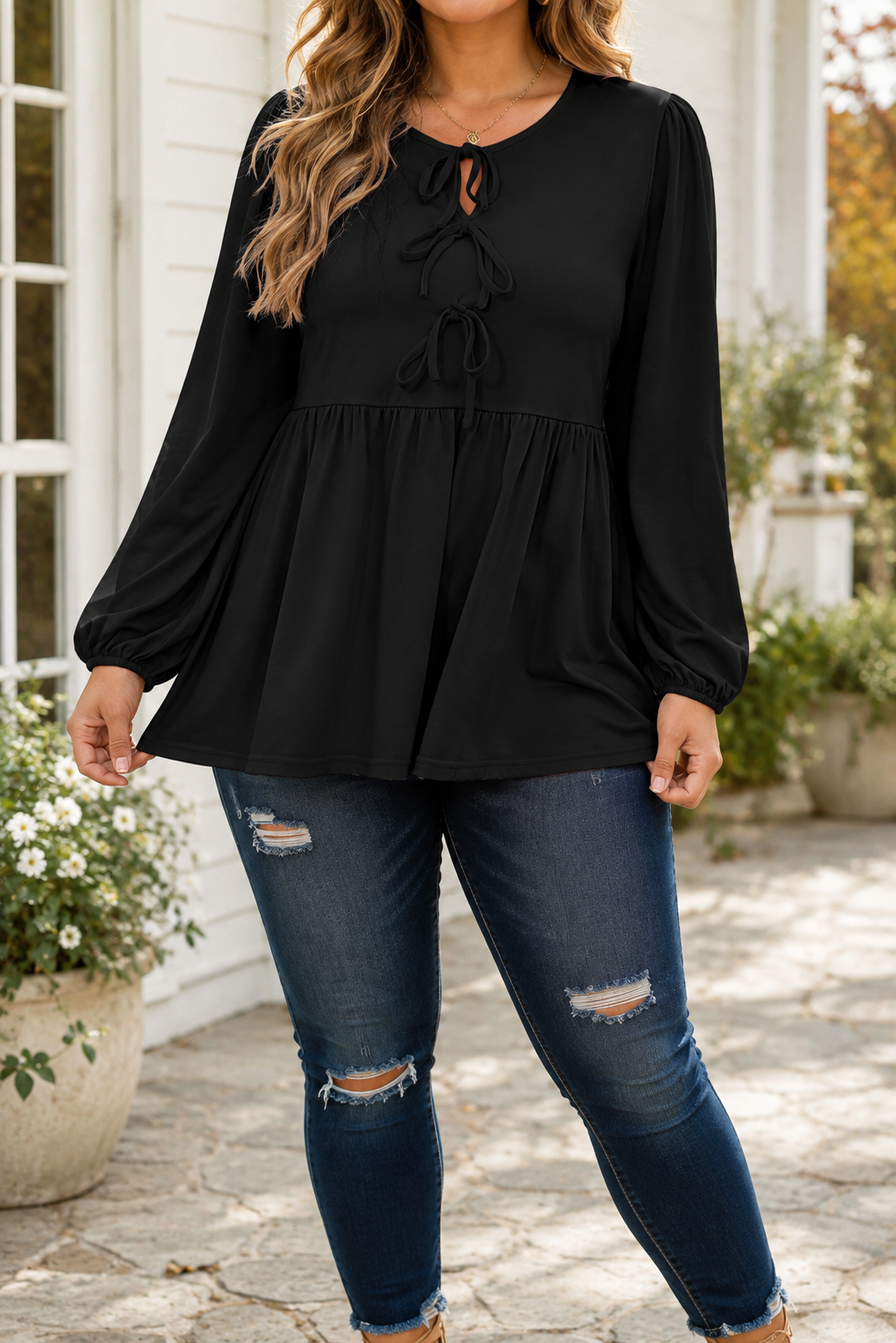 Pre-order Black Bow Tie Peplum Blouse