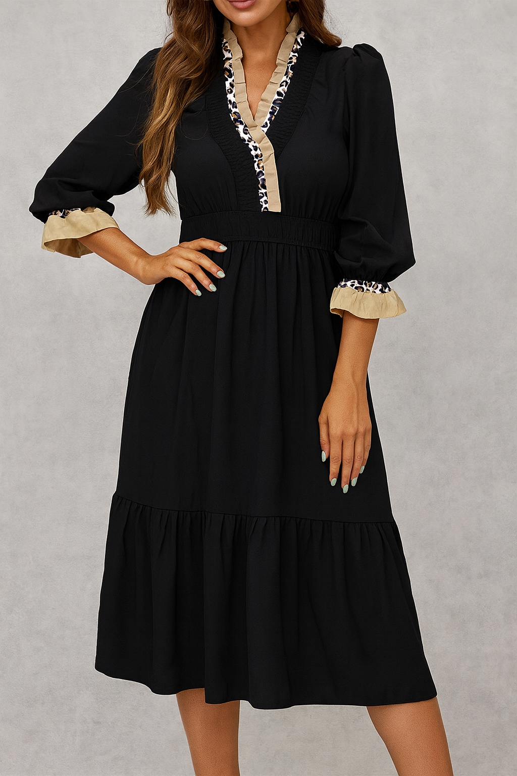 Women's Black Leopard Frilled Midi Dress RTS