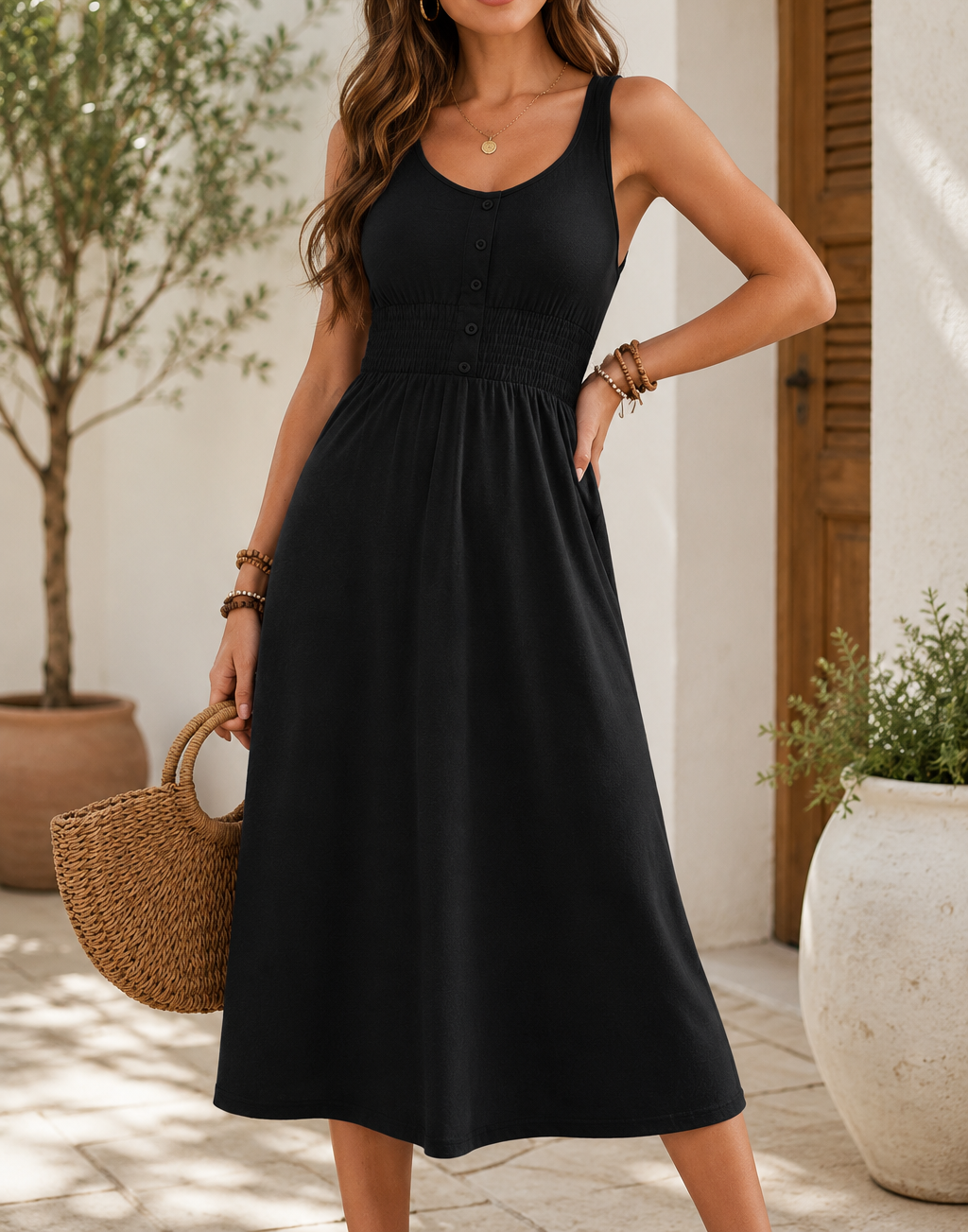 Pre-order Black Shirred Midi Dress