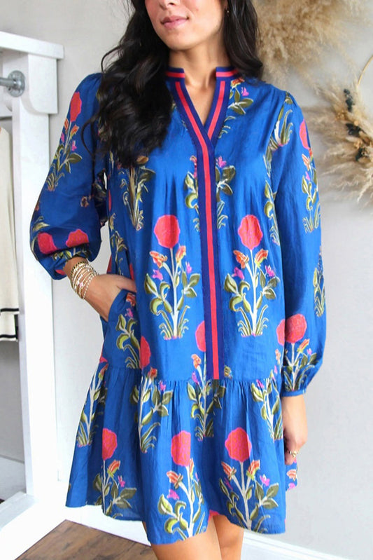 Pre-order Blue Floral Notched Neck Dress August