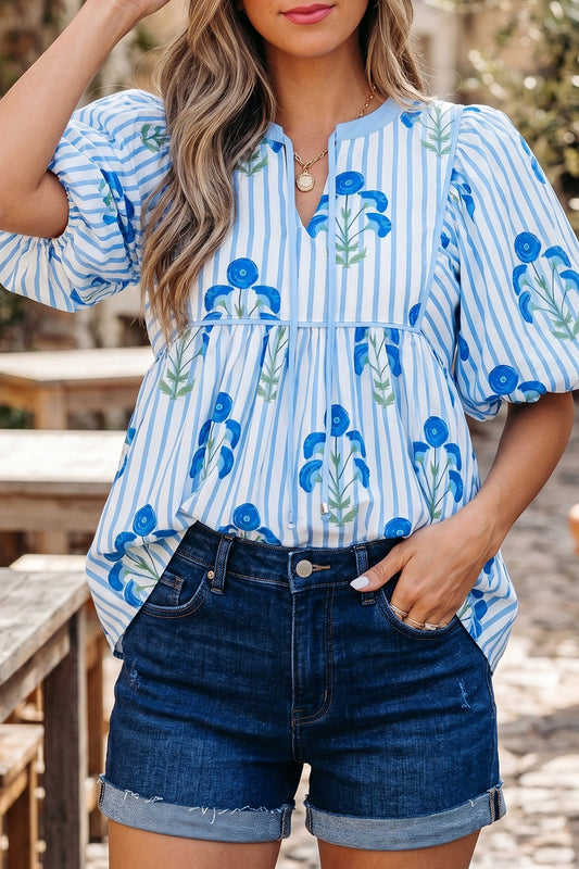 Pre-order Blue Floral Tie Blouse