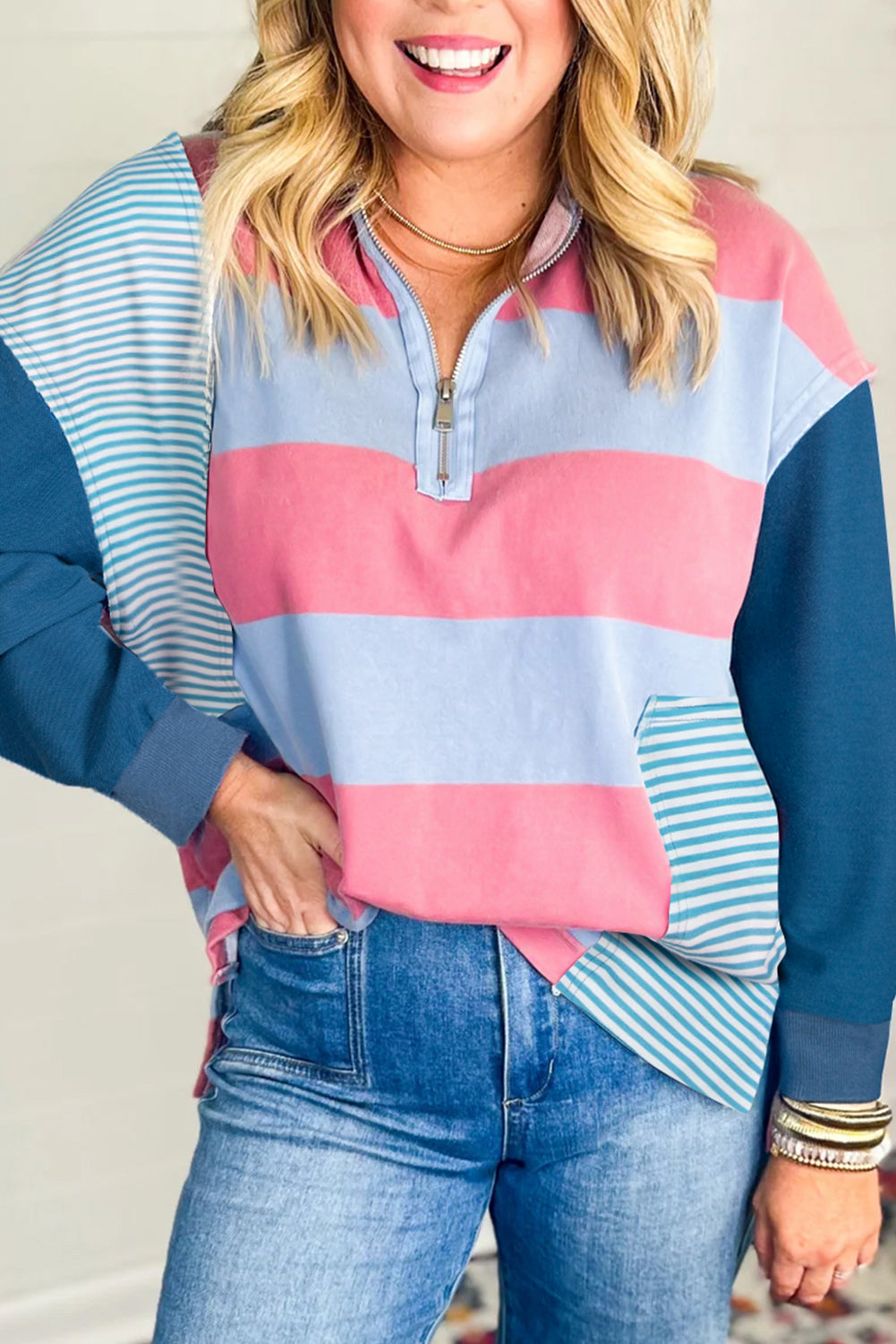 Women's Blue Stripe Colorblock Plus Pullover