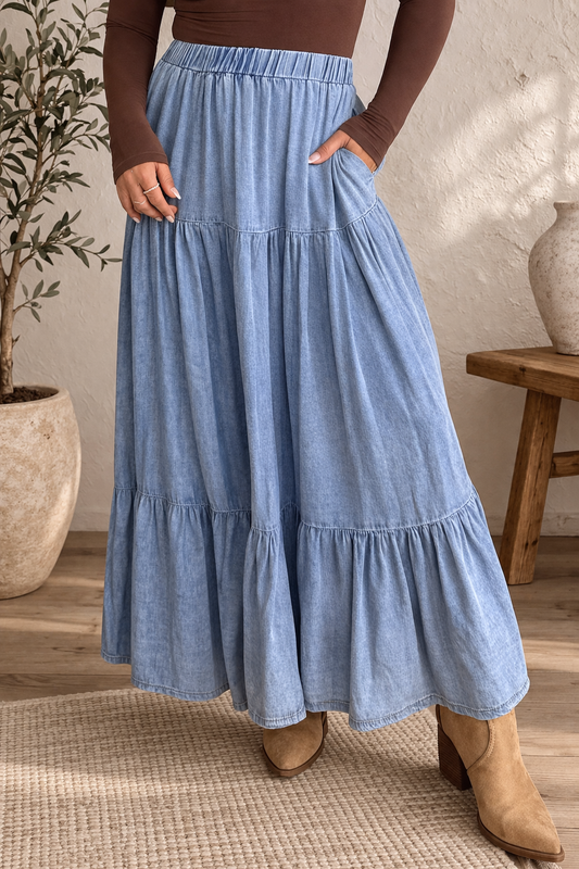 Pre-order Blue Elastic Ruffled Tiered Skirt
