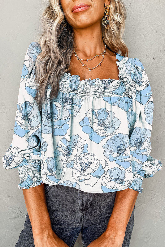 Pre-order Blue Floral Square Neck Blouse August