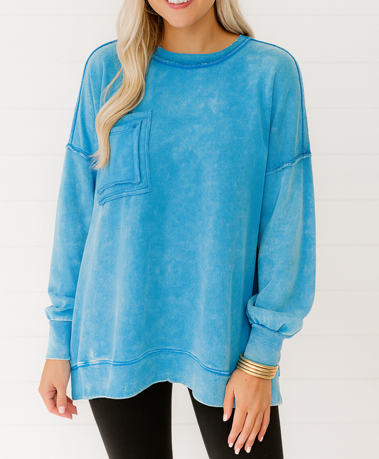Women's Blue Mineral Wash Pocket Sweatshirt RTS