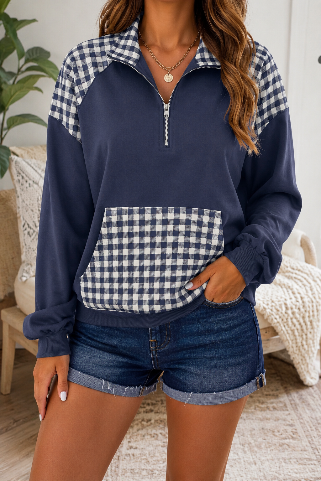 Pre-order Blue Plaid Quarter Zip Sweatshirt