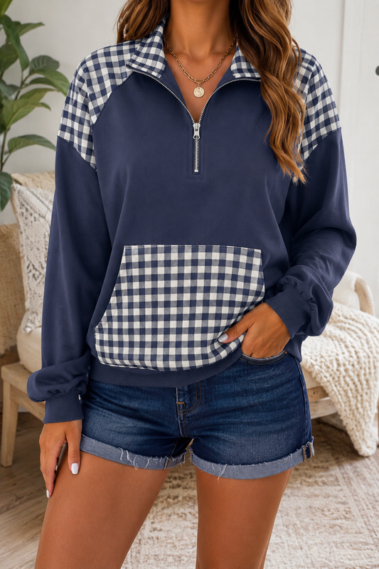 Pre-order Blue Plaid Quarter Zip Sweatshirt