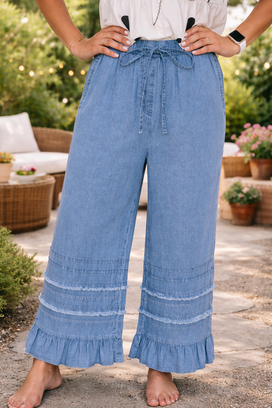Pre-order Blue Ruffled Chambray Pants FB