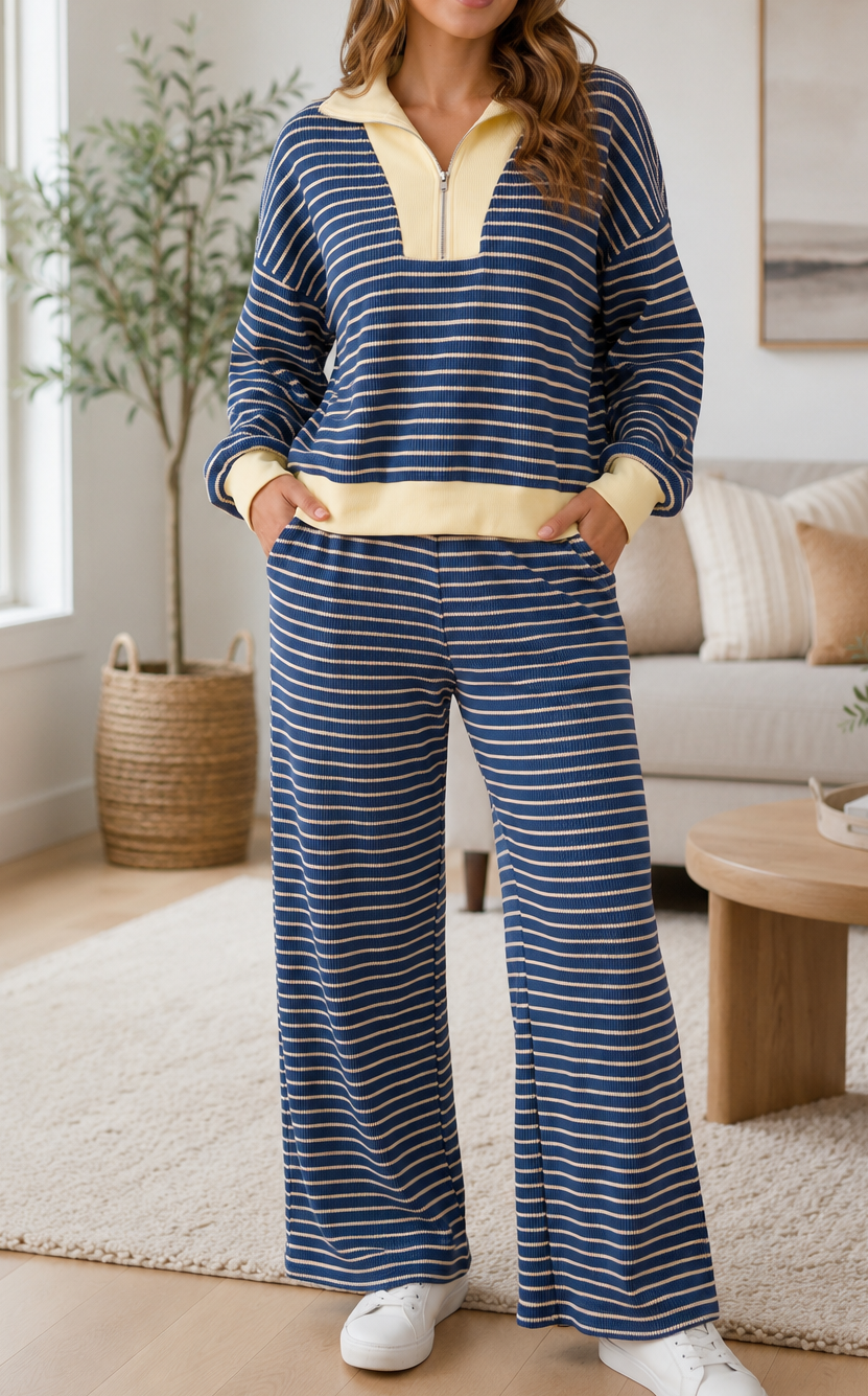 Pre-order Blue Stripe V Neck Set