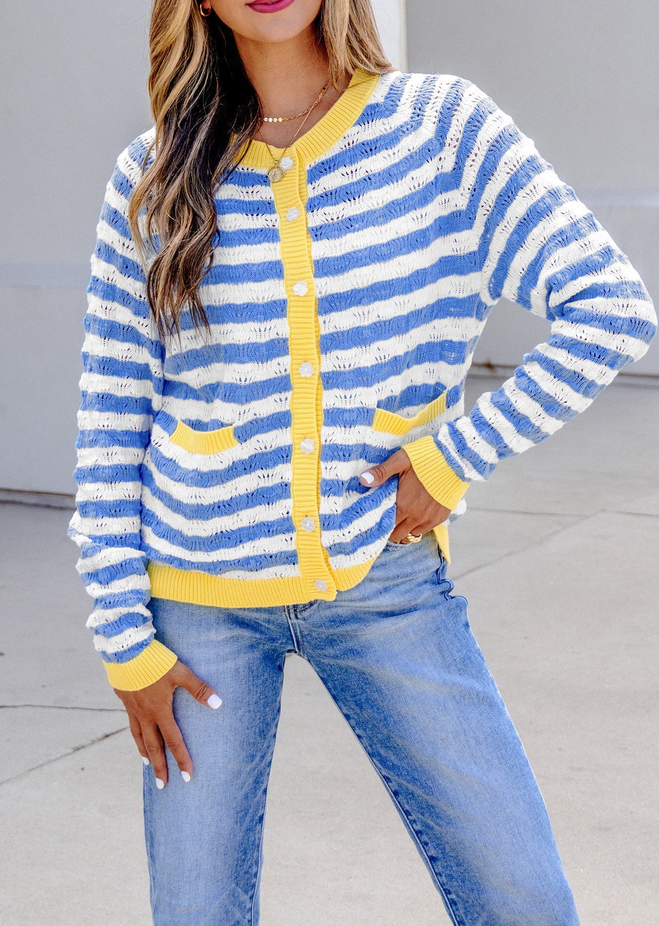 Pre-order Blue Stripe Yellow Trim Cardigan