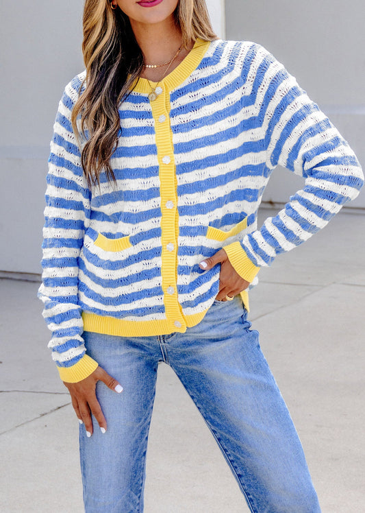 Pre-order Blue Stripe Yellow Trim Cardigan