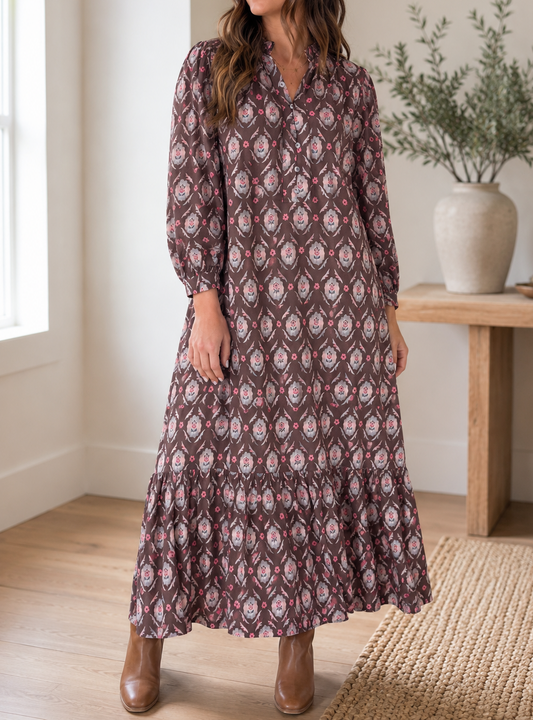 Pre-order Brown Floral Ruffle Dress