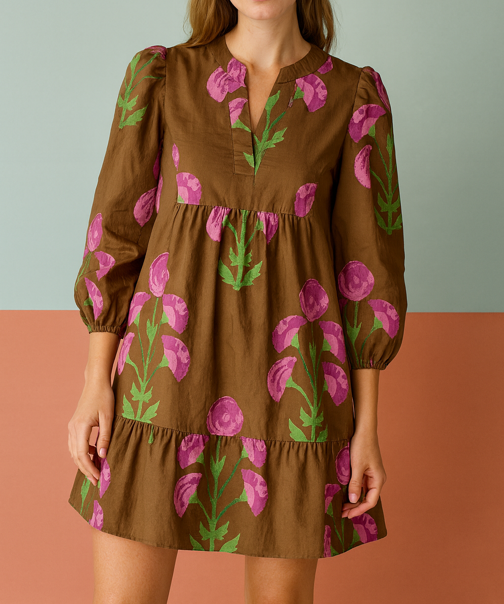 Pre-order Brown Floral Ruffled Dress FB