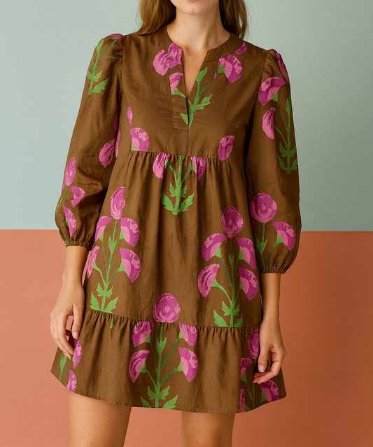 Pre-order Brown Floral Ruffled Dress FB
