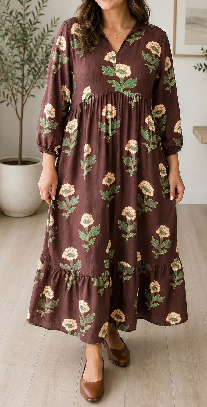 Pre-order Brown Floral V Neck Plus Dress