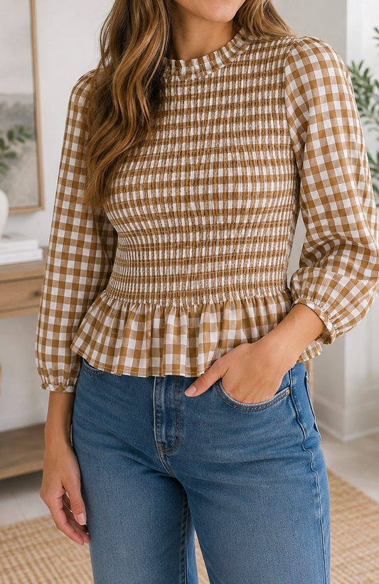 Pre-order Brown Plaid Peplum Top