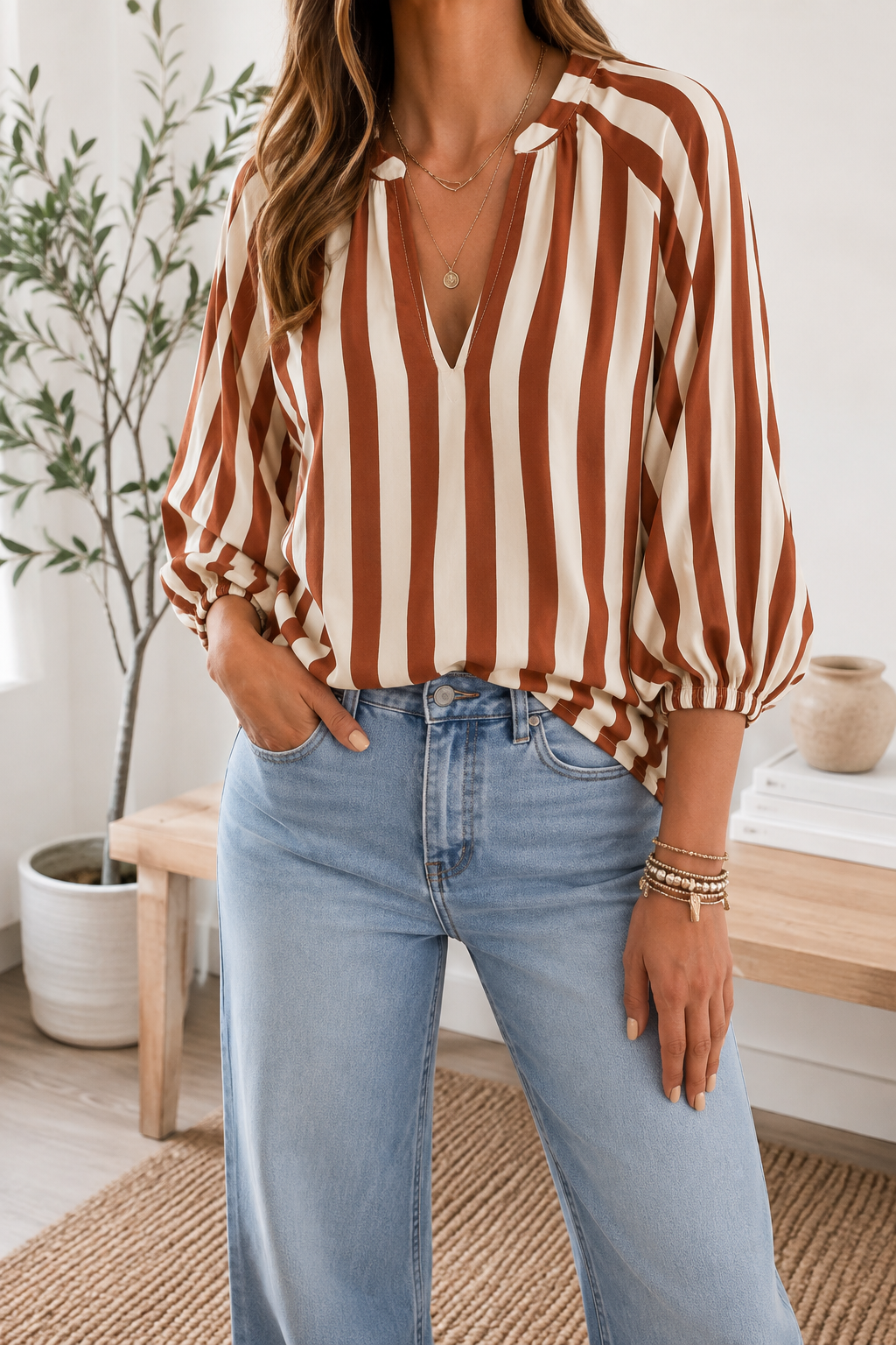 Pre-order Brown Stripe Casual Blouse