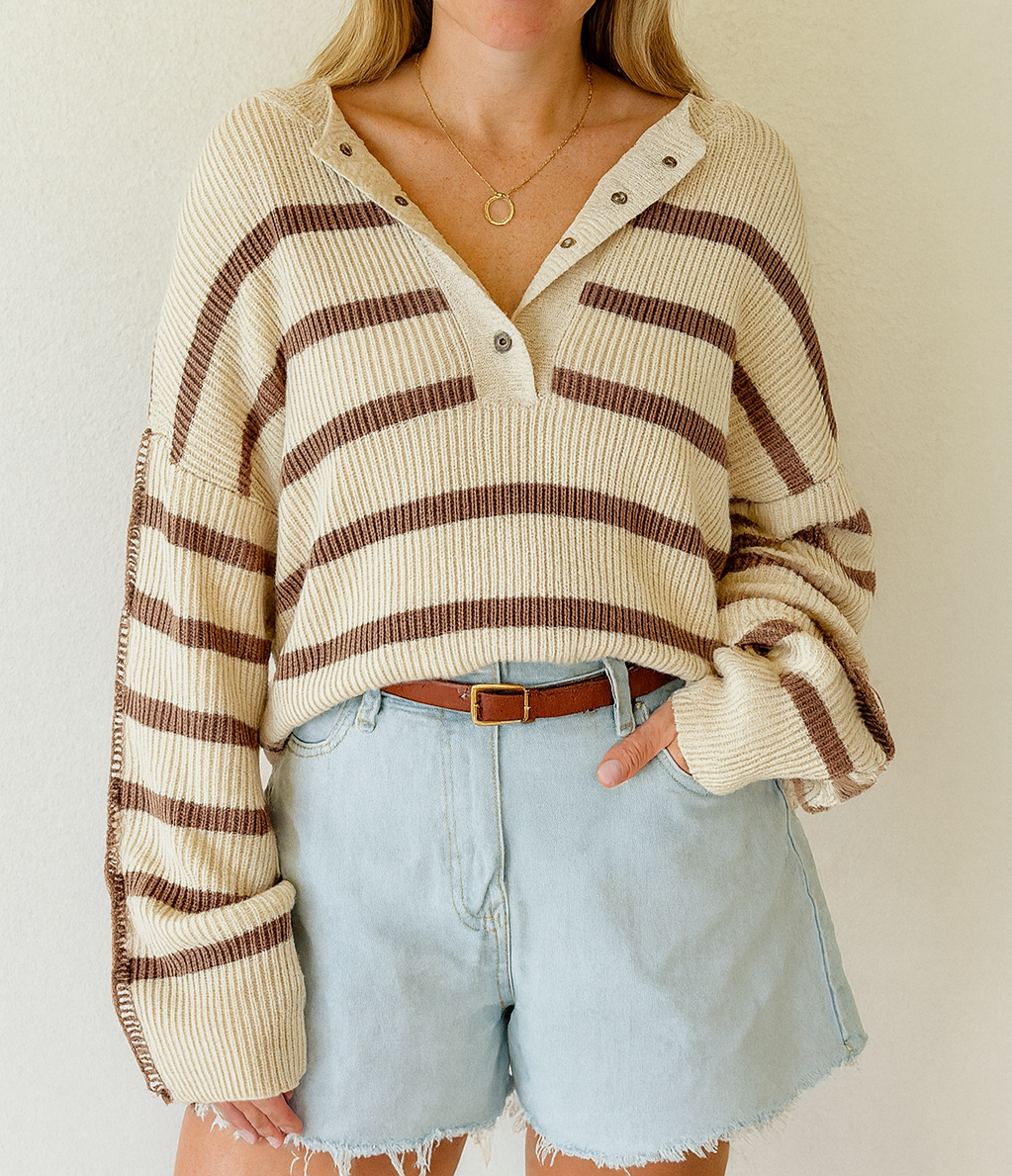 Women’s Brown Stripe Ribbed Henley Sweater RTS