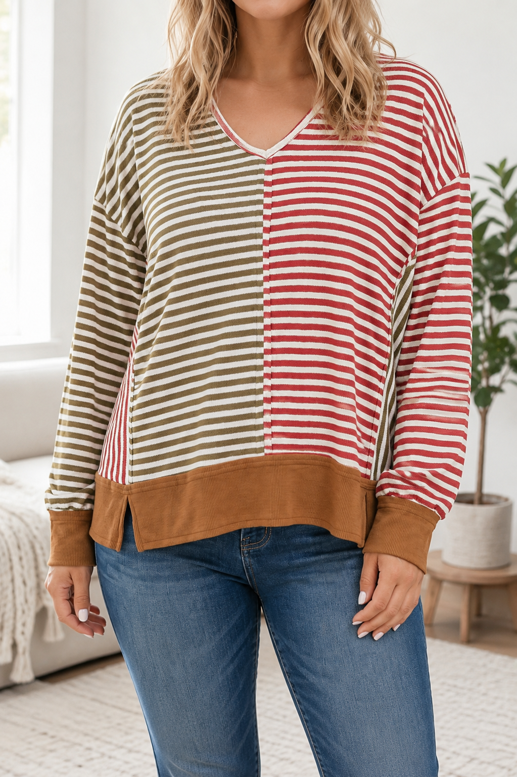Pre-order Brown Striped Plus Blouse
