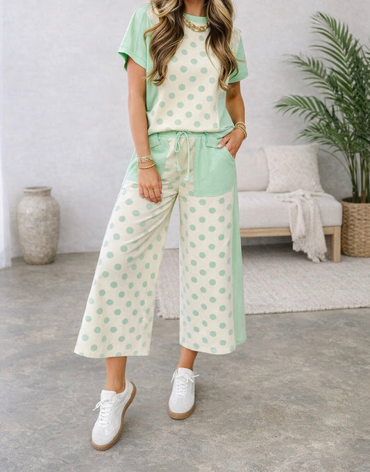 Pre-order Polka Dot Patchwork Wide Leg Pants Set