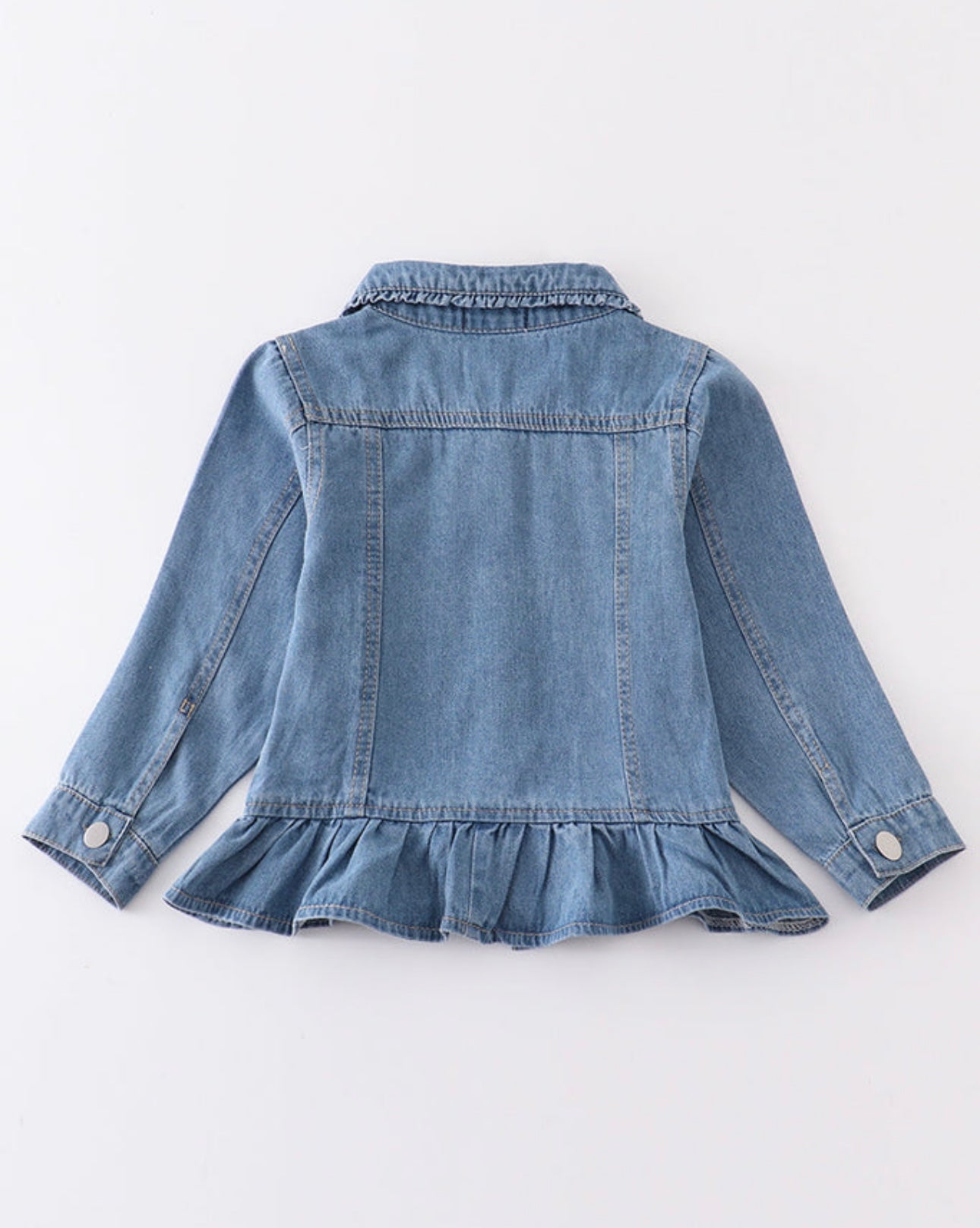 Girls Light Blue Distressed Ruffle Denim Jacket