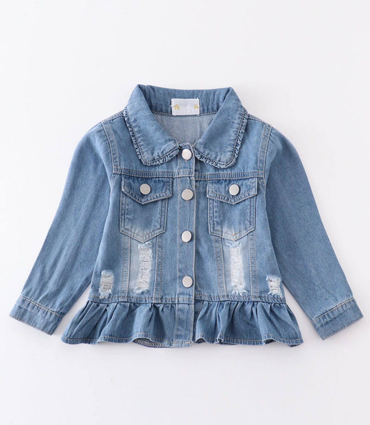 Girls Light Blue Distressed Ruffle Denim Jacket