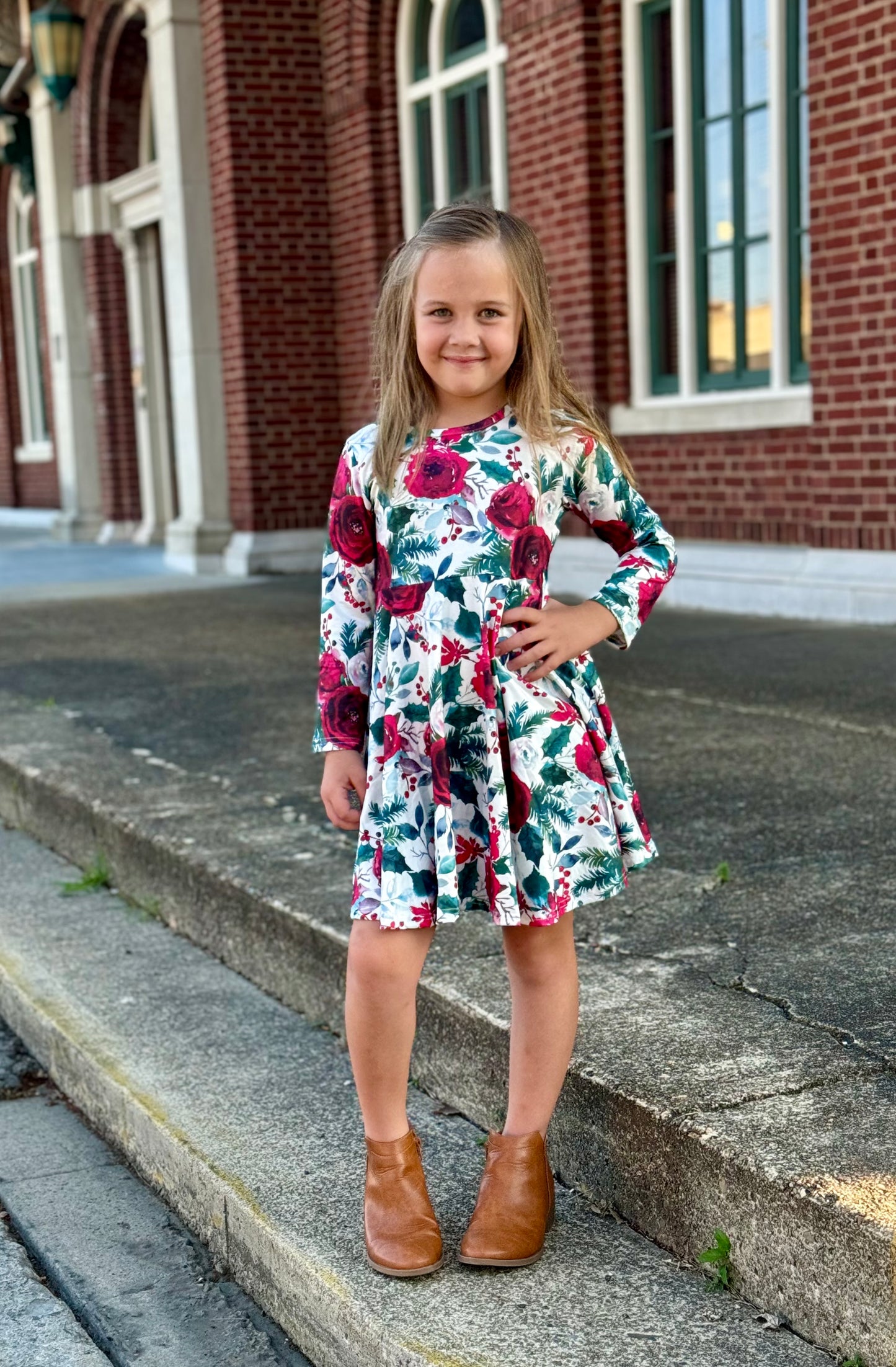 Girls Burgundy Floral Twirl Dress