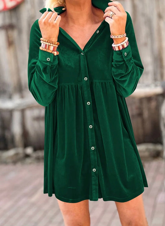 Women's Green Velvet Button Up Dress