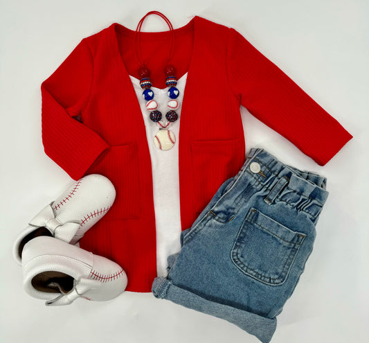 Girls Red Ribbed Cardigan