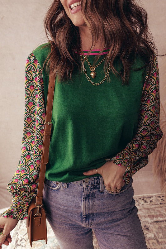 Pre-order Green Floral Shirred Cuff Top August